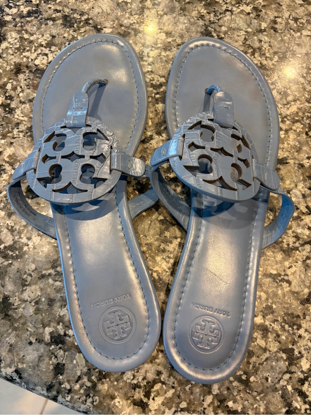 Tory Burch Blue Miller Logo Leather Thong Sandals